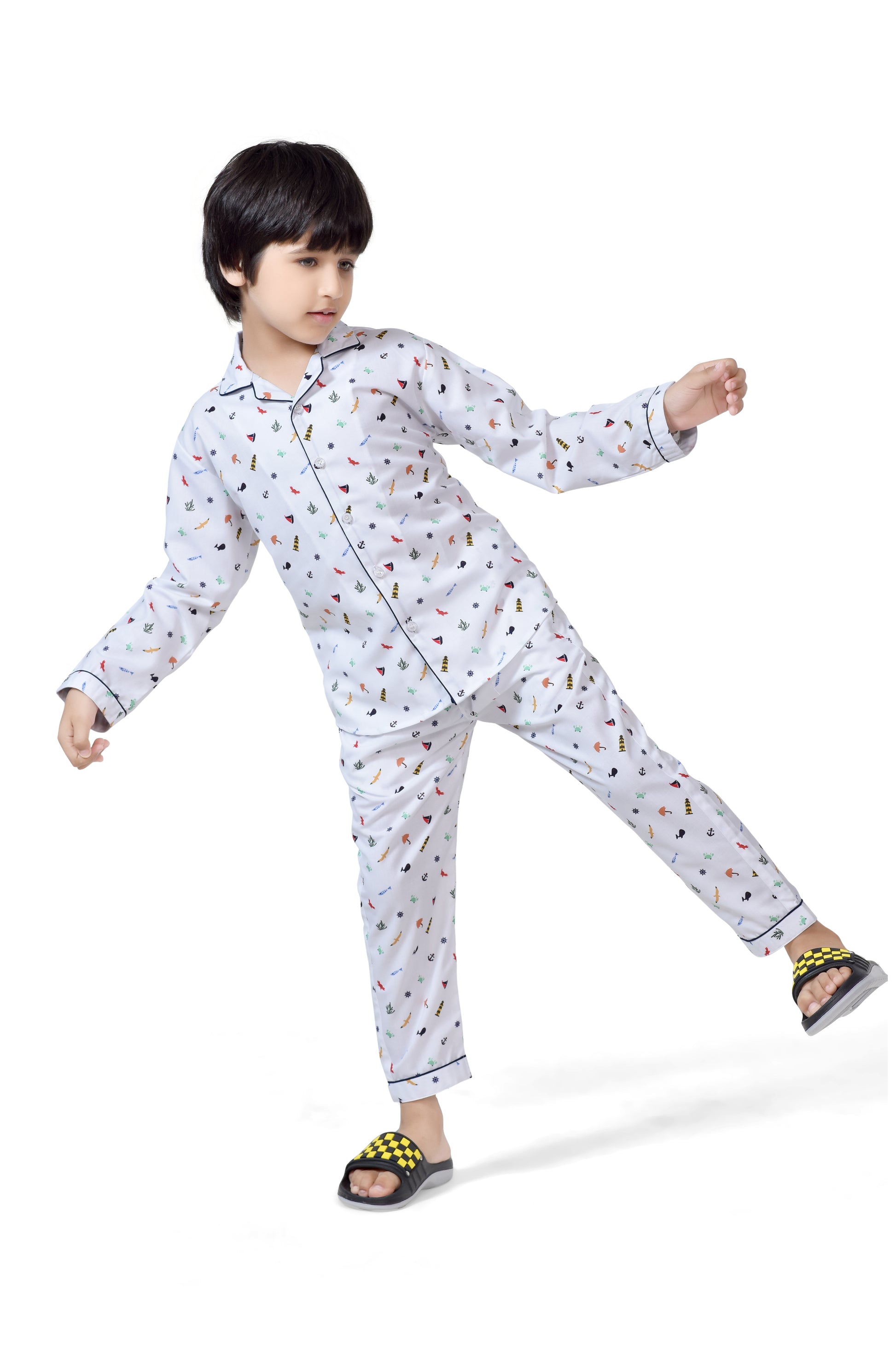 Buy Cute White Printed Boys Long Night Suit Set Online - Club96