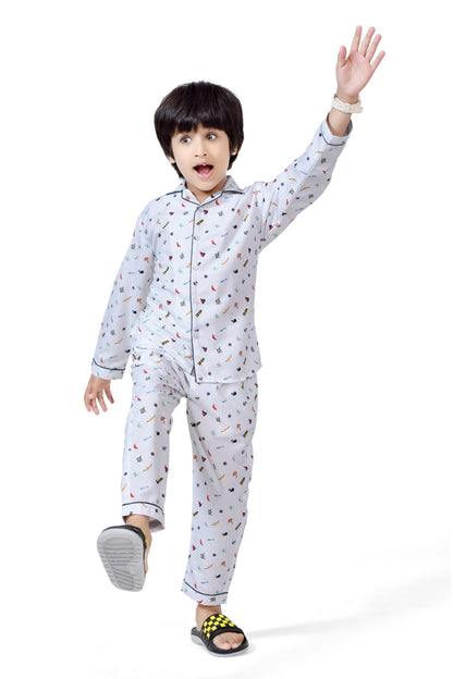 Cute White Printed Boys Long Night Suit Set - Long Sleeve