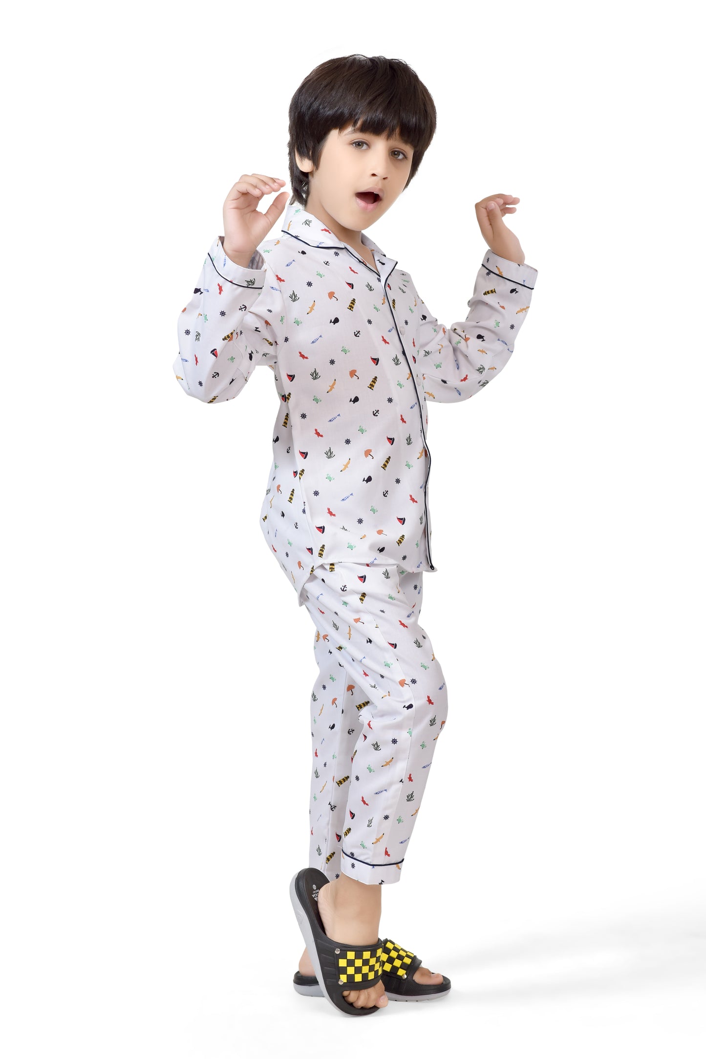 Cute White Printed Boys Long Night Pajama Suit Set