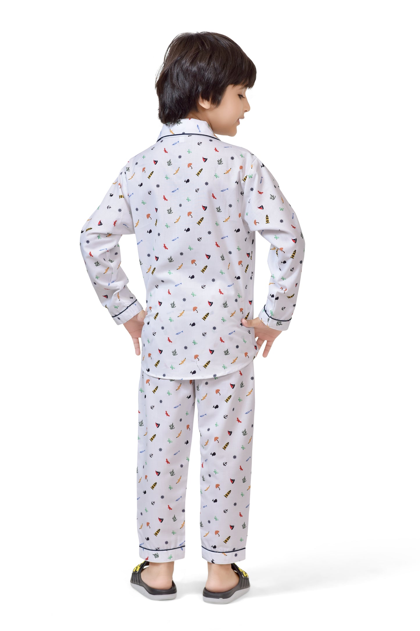 Cute White Printed Boys Long Night Suit Set - Back Side