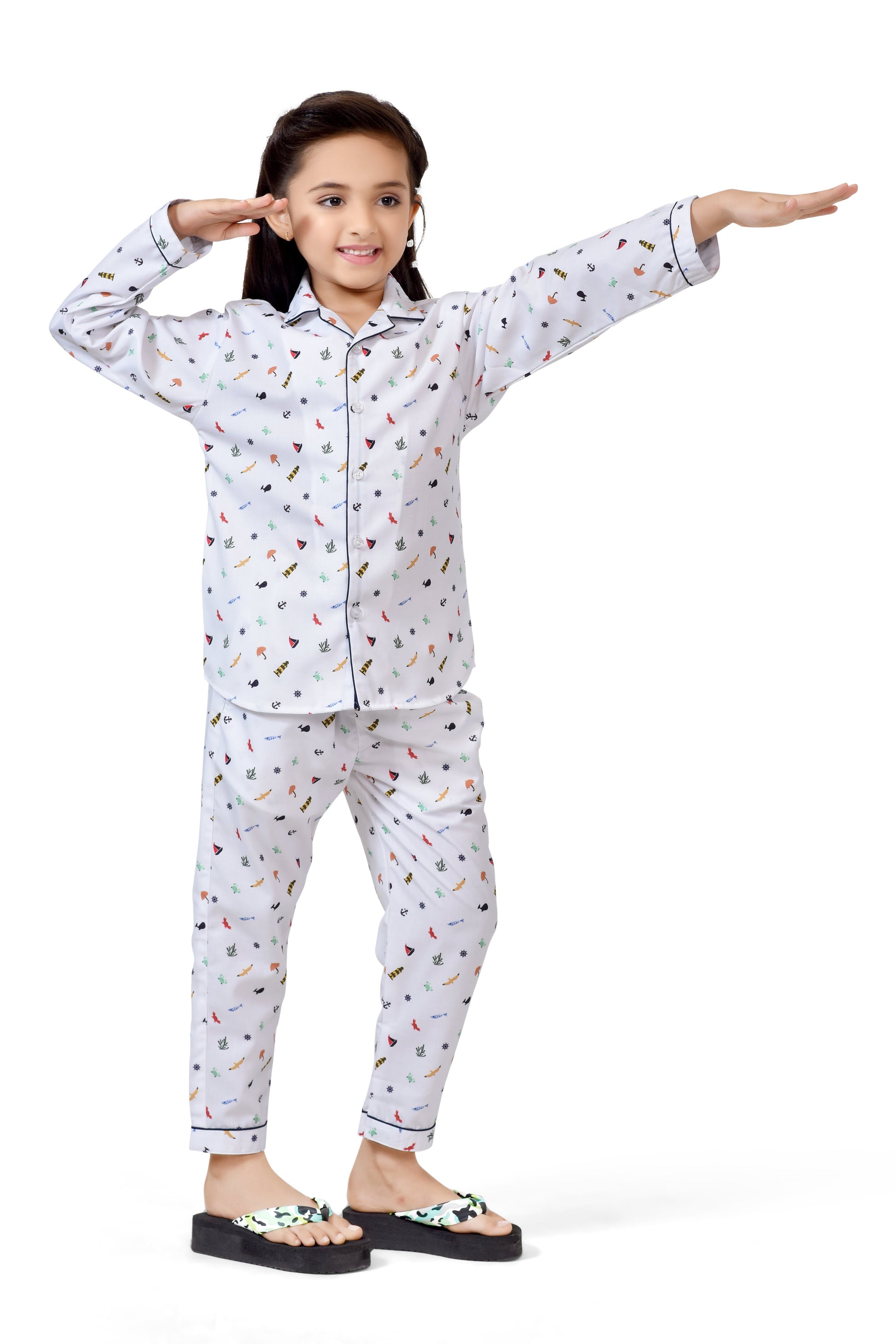 Cute White Printed Girls Long Sleeve Night Suit