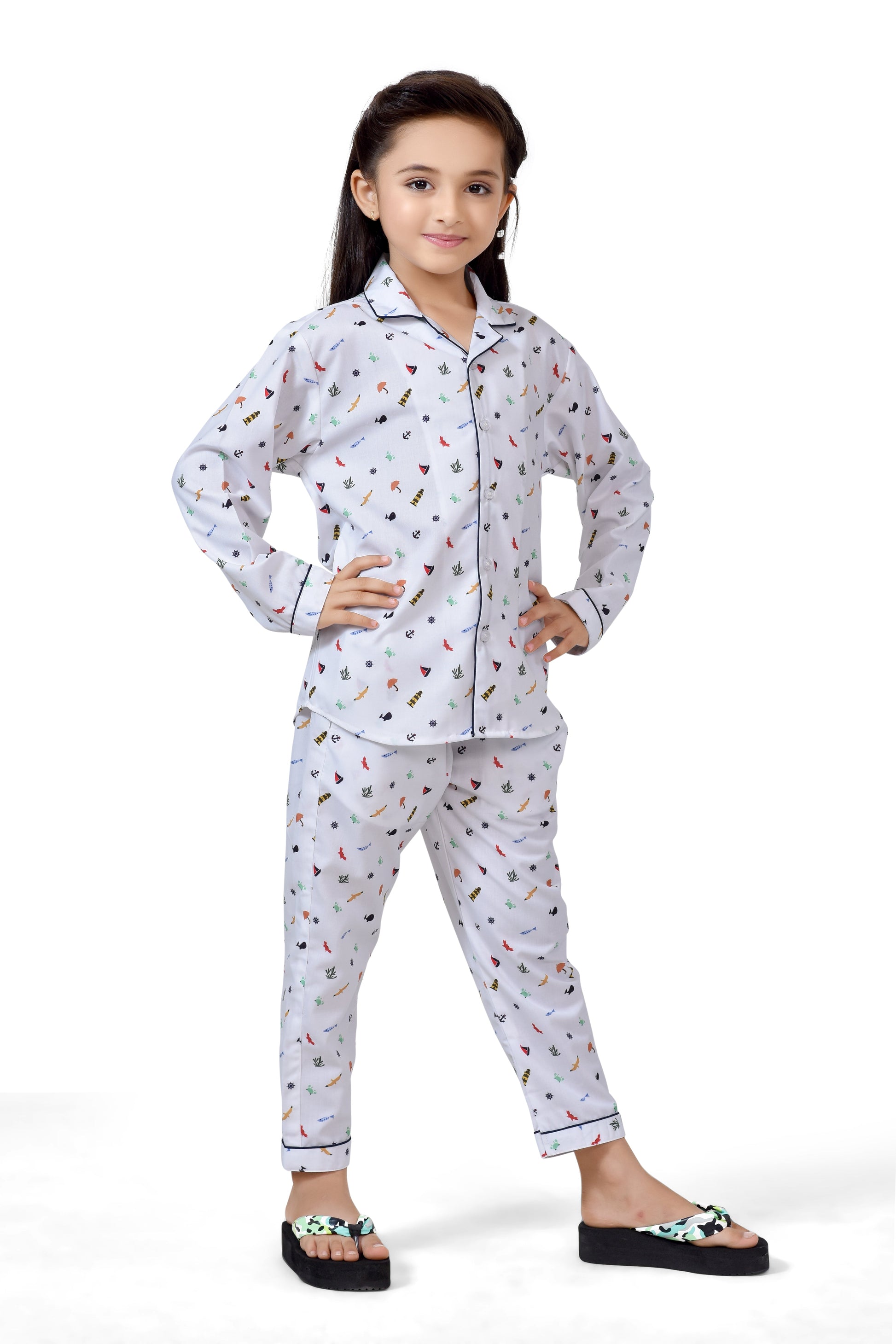 Cute White Printed Girls Long Pajama Suit - Long Sleeves