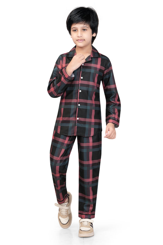 Black and Brown Checks Printed Nightsuit Set - B 435