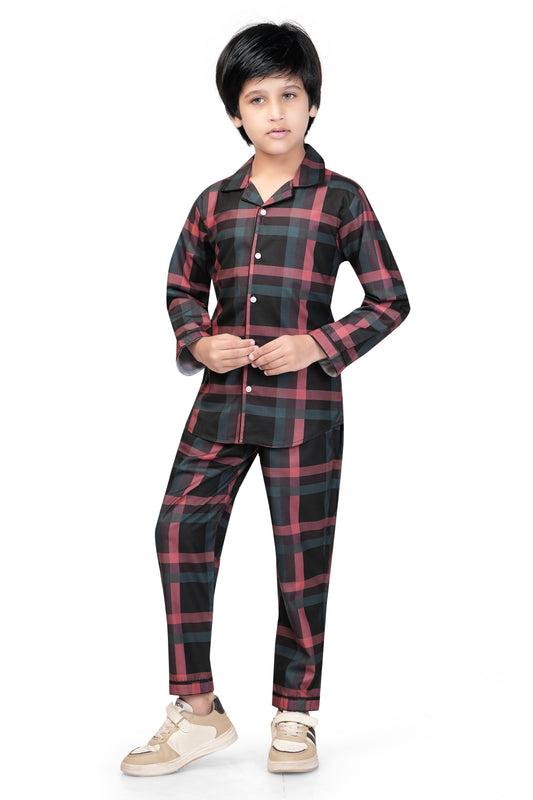 Black and Brown Checks Printed Nightsuit Set - B 435