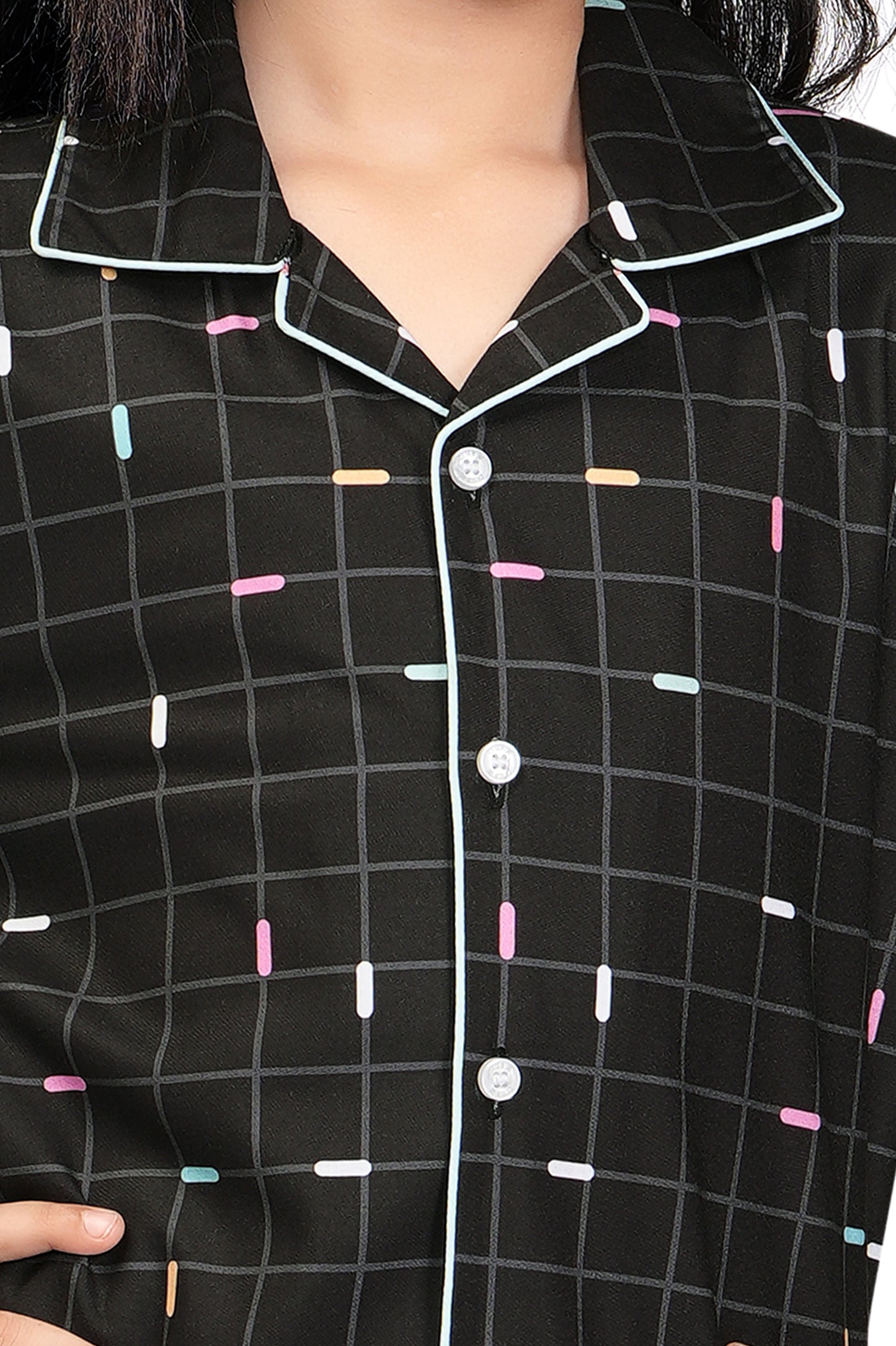 Black Grid Checks Printed Nightsuit Set
