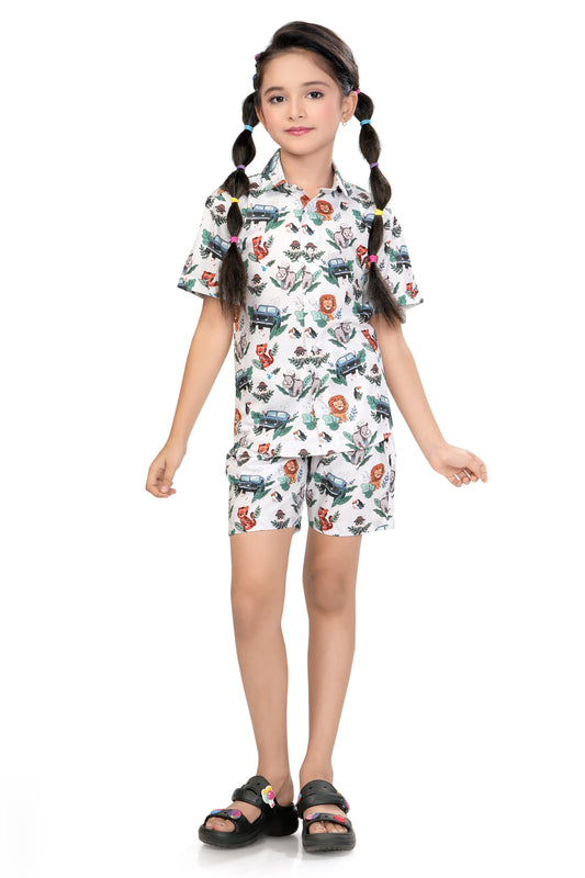 Zoo Animal Printed Cotton Co Ord Set for Girls - G 347