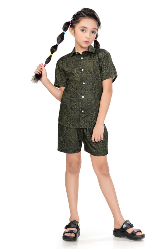 Olive Green Mandala Printed Girls Cotton Co Ord Set - G 365
