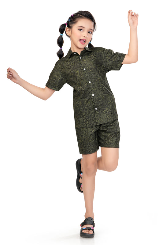 Olive Green Mandala Printed Girls Cotton Co Ord Set - G 365