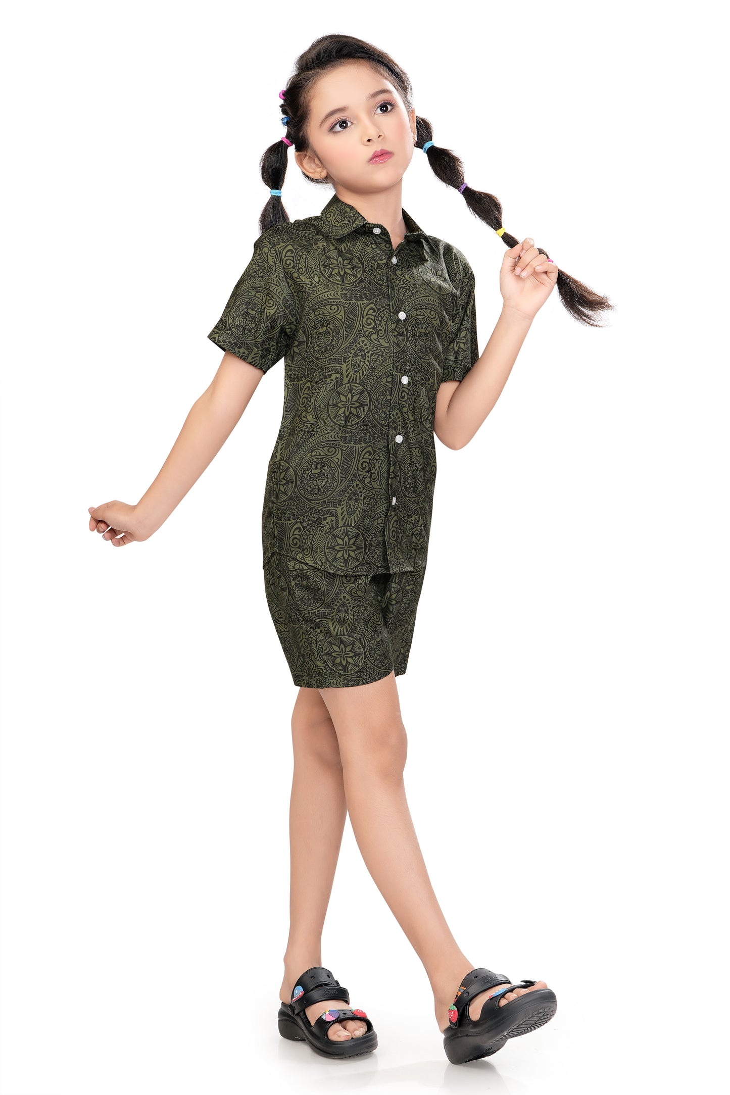 Olive Green Mandala Printed Girls Cotton Co Ord Set - G 365