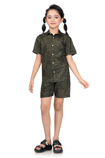 Olive Green Mandala Printed Girls Cotton Co Ord Set - G 365