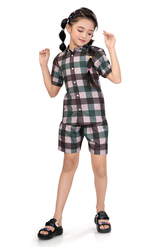 Large Checks Printed Girls Cotton Co Ord Set - G 351
