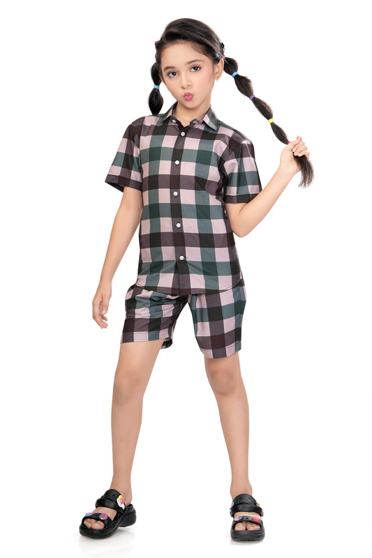 Large Checks Printed Girls Cotton Co Ord Set - G 351