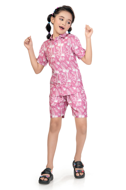 Tropical Palm Leaf Printed Cotton Co Ord Set for Girl - G 350