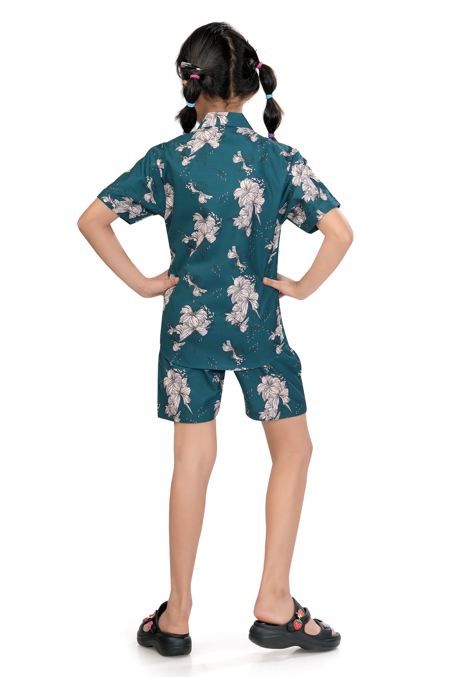 Tropical White Floral Printed Girls Cotton Co Ord Set - G 362