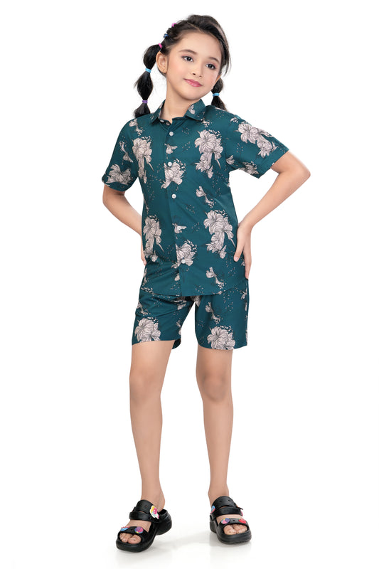 Tropical White Floral Printed Girls Cotton Co Ord Set - G 362
