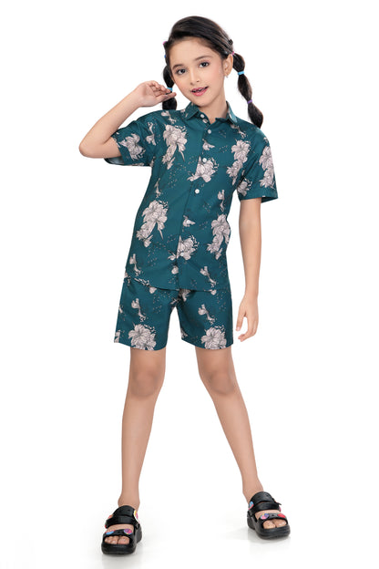 Tropical White Floral Printed Girls Cotton Co Ord Set - G 362
