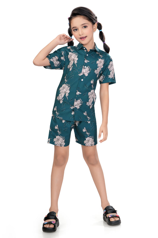 Tropical White Floral Printed Girls Cotton Co Ord Set - G 362