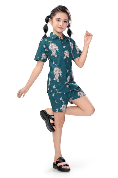 Tropical White Floral Printed Girls Cotton Co Ord Set - G 362