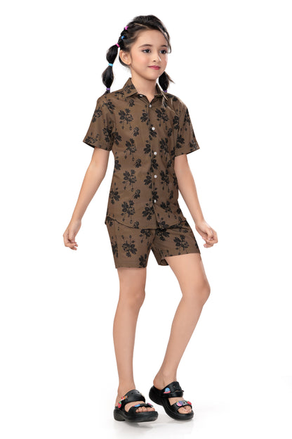 Brown Flower Printed Cotton Co Ord Set for Girl - G 349