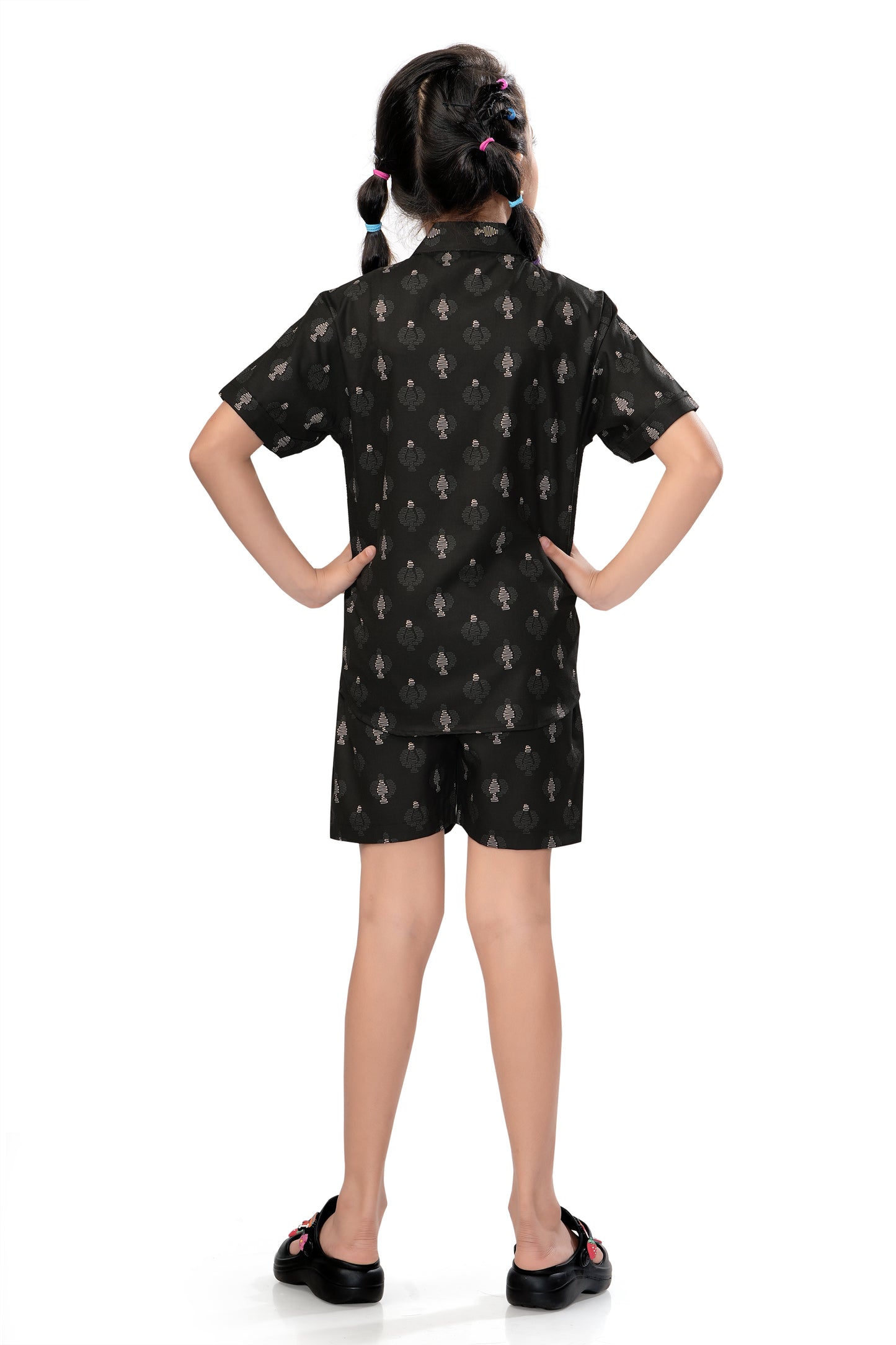 Black Abstract Geo Printed Girls Cotton Co Ord Set