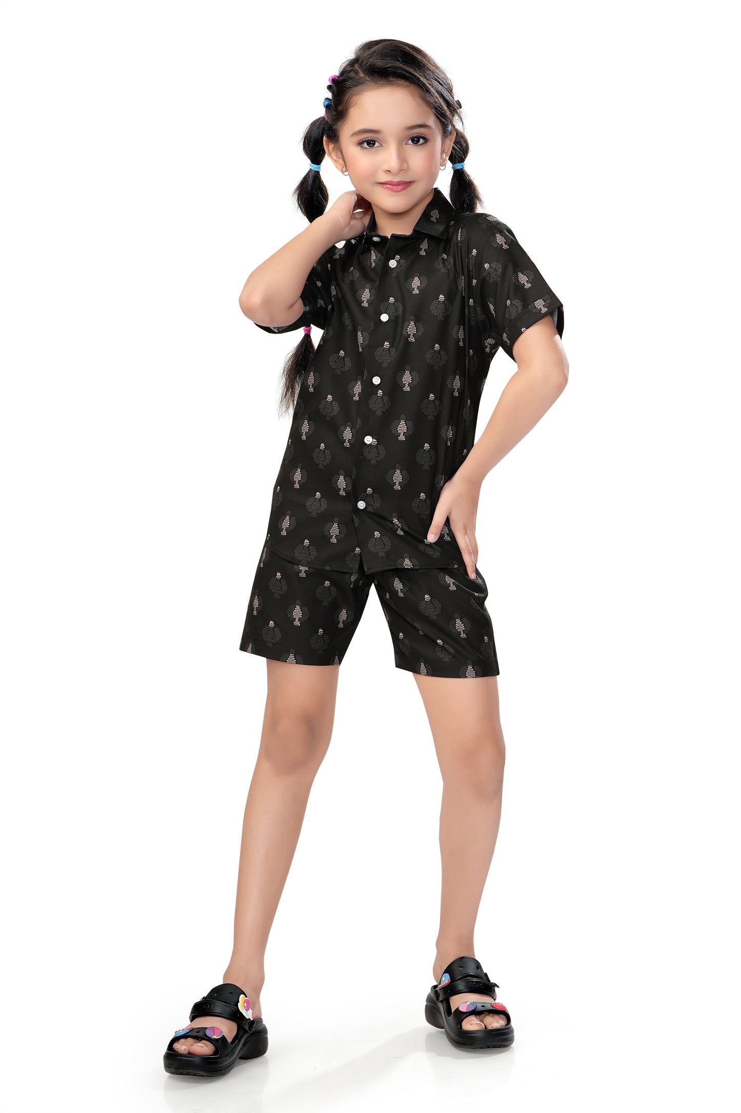Black Abstract Geo Printed Girls Cotton Co Ord Set