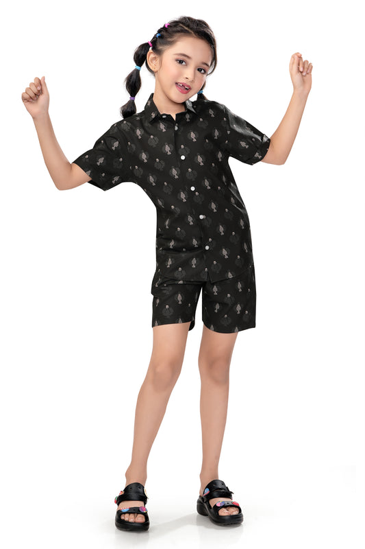 Black Abstract Geo Printed Girls Cotton Co Ord Set