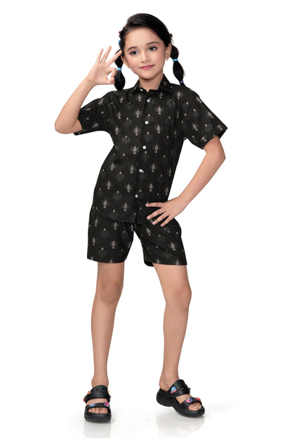Black Abstract Geo Printed Girls Cotton Co Ord Set
