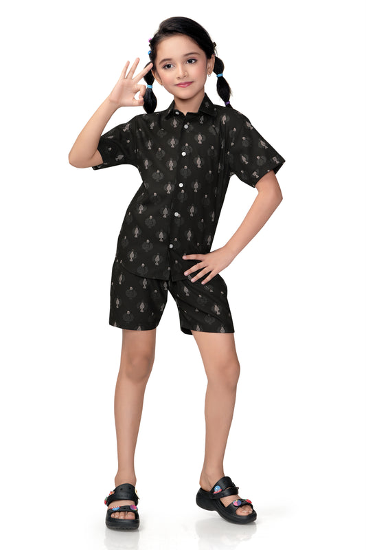 Black Abstract Geo Printed Girls Cotton Co Ord Set