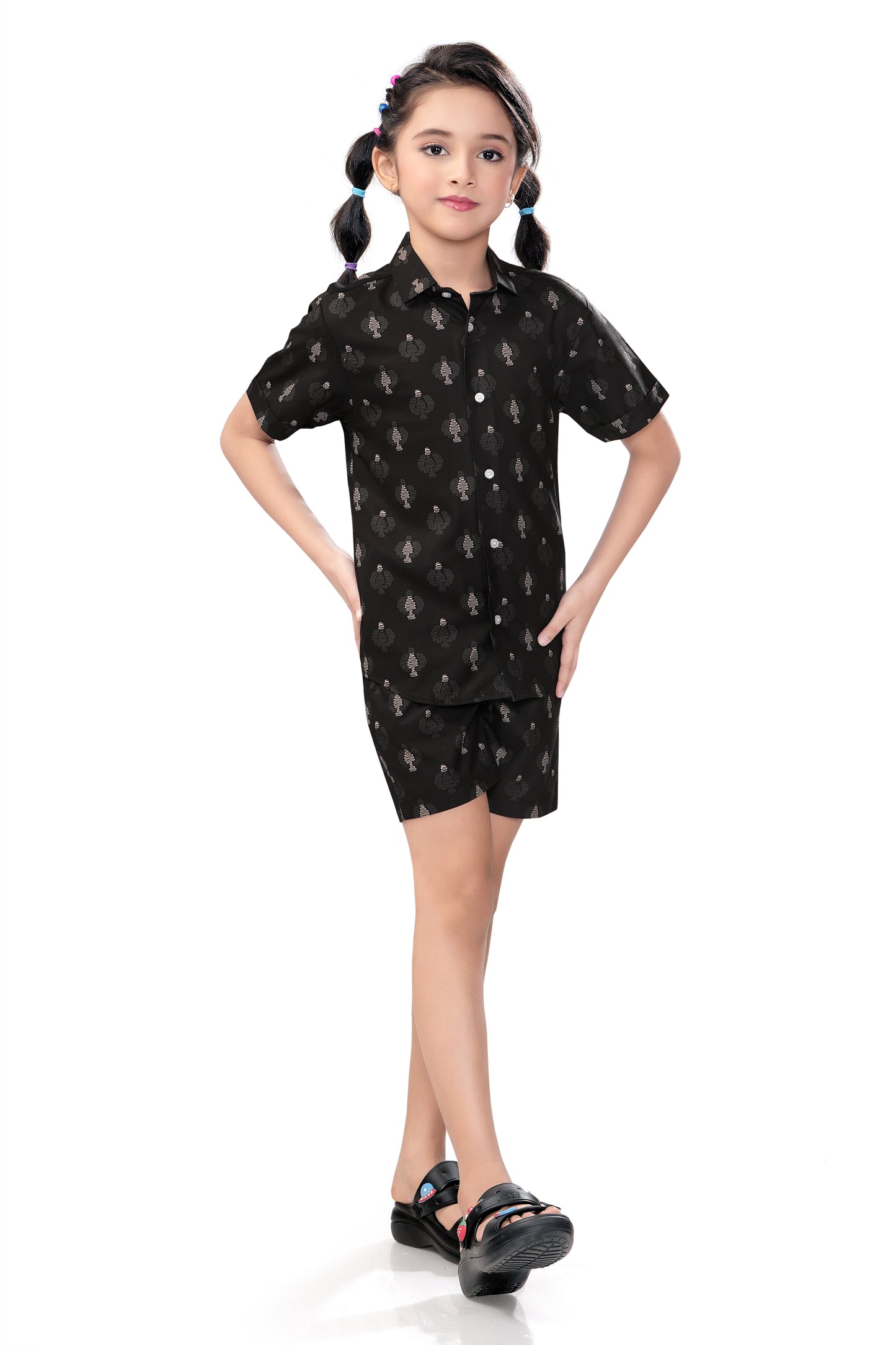 Black Abstract Geo Printed Girls Cotton Co Ord Set