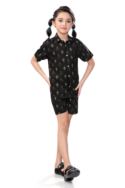 Black Abstract Geo Printed Girls Cotton Co Ord Set