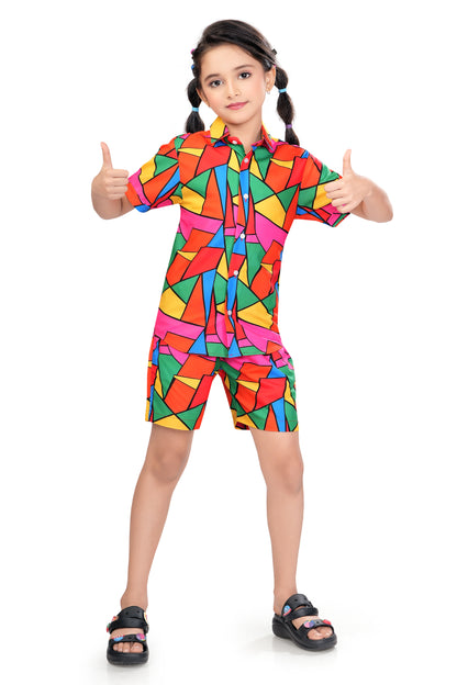 Multicolor Block Mosaic Printed Girl Cotton Co Ord Set