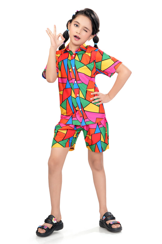 Multicolor Block Mosaic Printed Girl Cotton Co Ord Set