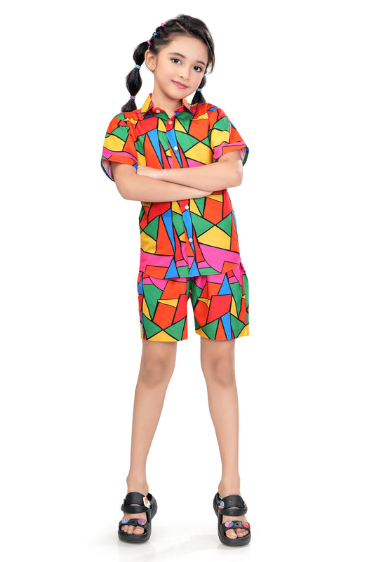Multicolor Block Mosaic Printed Girl Cotton Co Ord Set