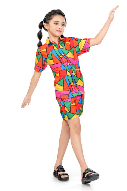 Multicolor Block Mosaic Printed Girl Cotton Co Ord Set