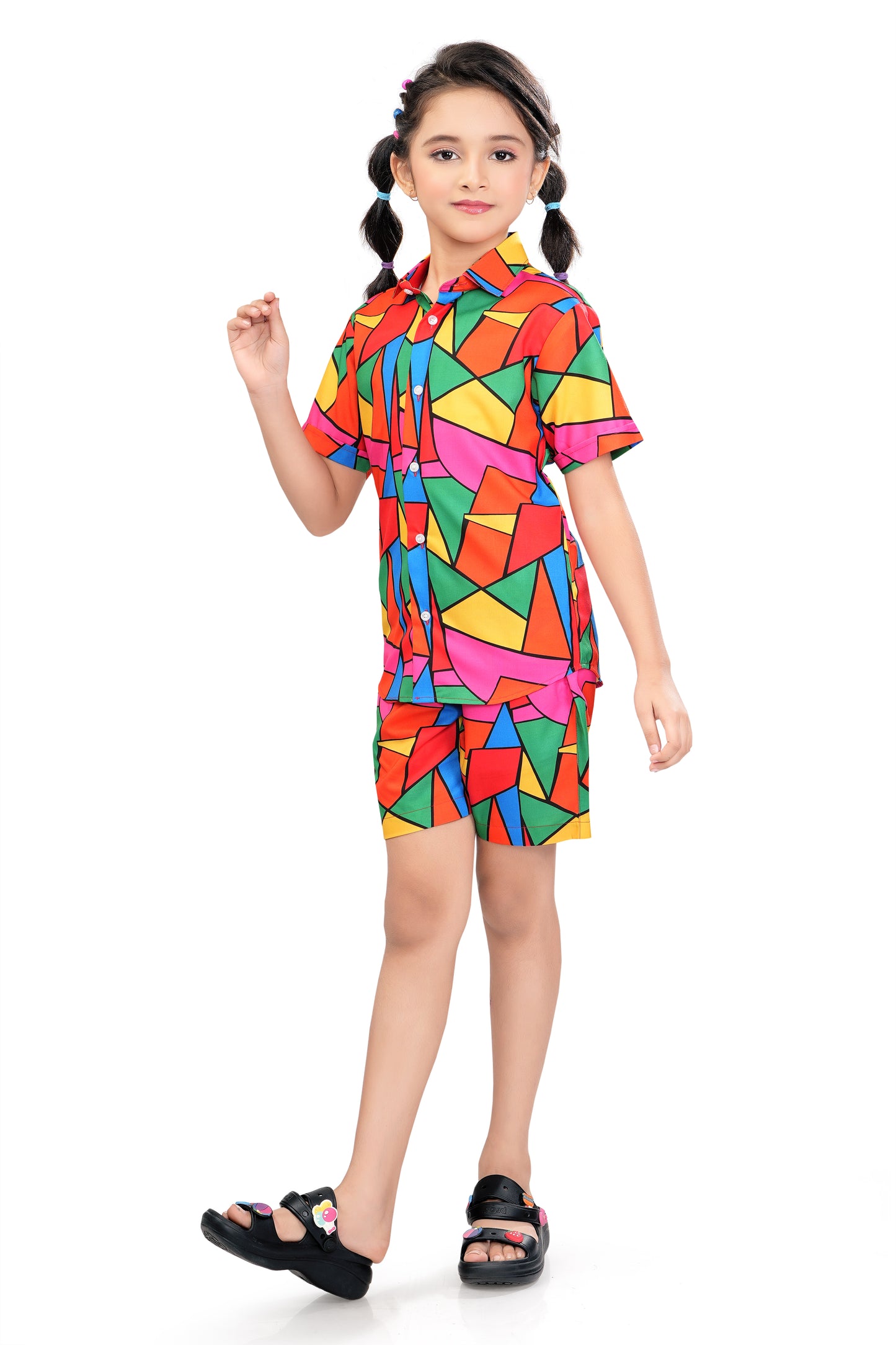 Multicolor Block Mosaic Printed Girl Cotton Co Ord Set