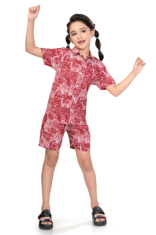 Red and White Crosshatch Printed Cotton Co Ord Set