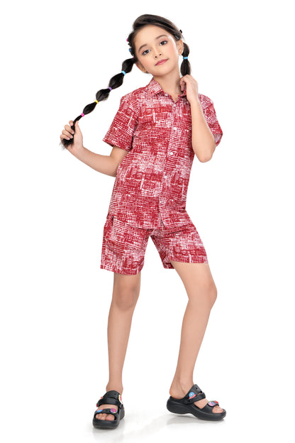 Red and White Crosshatch Printed Cotton Co Ord Set