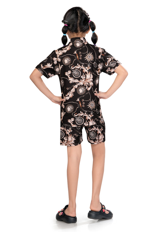 Black Ornamental Printed Cotton Co Ord Set for Girls