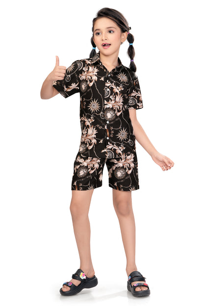 Black Ornamental Printed Cotton Co Ord Set for Girls