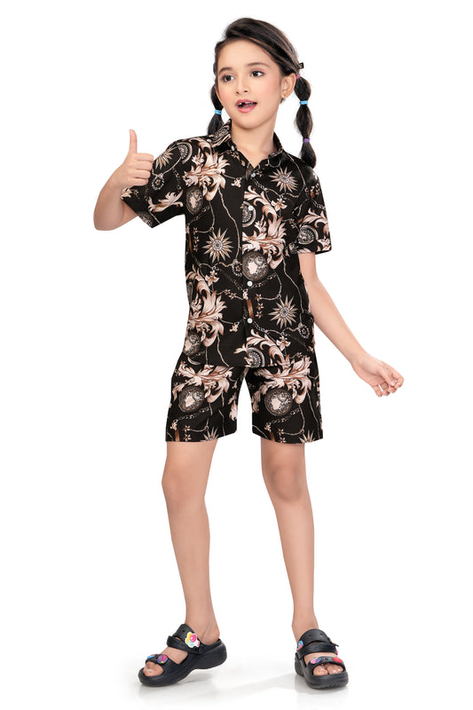 Black Ornamental Printed Cotton Co Ord Set for Girls