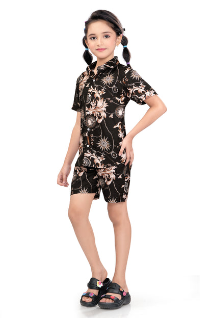 Black Ornamental Printed Cotton Co Ord Set for Girls