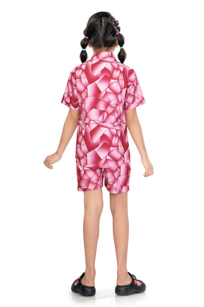 Pink Abstract Shards Printed Girl Cotton Co Ord Set
