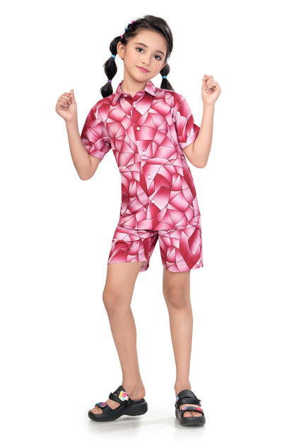 Pink Abstract Shards Printed Girl Cotton Co Ord Set