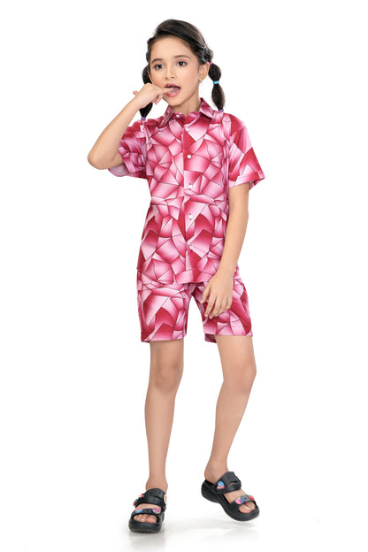 Pink Abstract Shards Printed Girl Cotton Co Ord Set