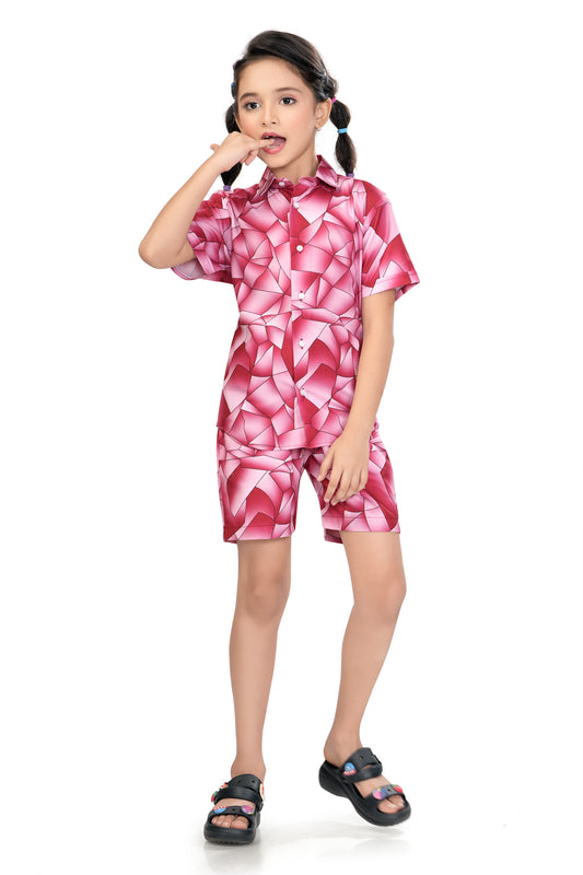 Pink Abstract Shards Printed Girl Cotton Co Ord Set