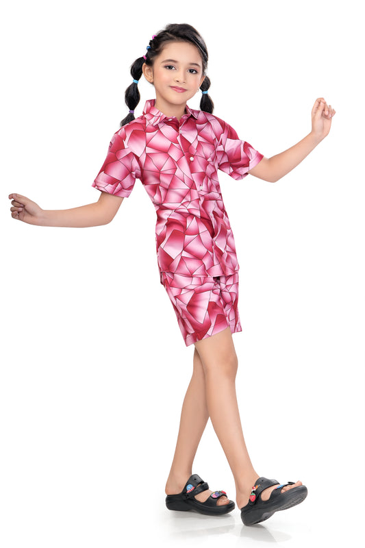 Pink Abstract Shards Printed Girl Cotton Co Ord Set