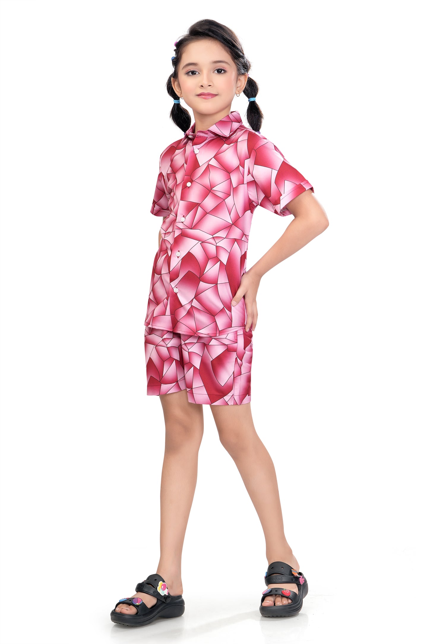 Pink Abstract Shards Printed Girl Cotton Co Ord Set