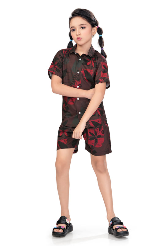 Floral and Leaf Printed Girls Cotton Co Ord Set