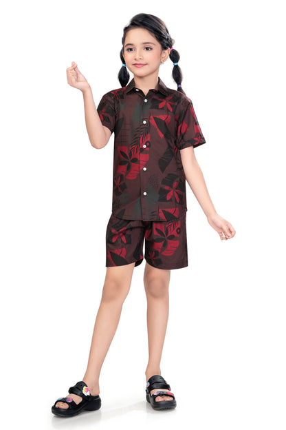 Floral and Leaf Printed Girls Cotton Co Ord Set
