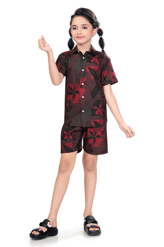Floral and Leaf Printed Girls Cotton Co Ord Set